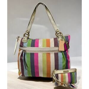 Coach 19021 Poppy Legacy Stripe Sequins Glam Tote & Wristlet